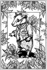 Fairytale kind character, forest friendly Senor badger with a sweet smile and a friendly outstretched paw, dressed in a vest and shirt with a beautiful collar in surrounded large flowers and leaves.