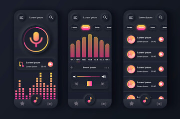 Music player unique neumorphic black design kit. Music app with voice recording, graphic equalizer and compositions playlist. Music listening UI, UX template set. GUI for responsive mobile application - obrazy, fototapety, plakaty