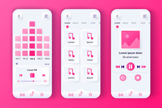 Music player unique neumorphic pink design kit. Audio app with graphic  equalizer, playlist navigation and FM radio screens. Music listening UI, UX  template set. GUI for responsive mobile application. Stock Vector | Adobe  Stock