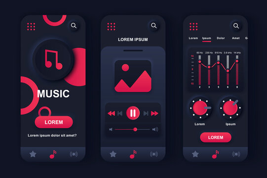 Music player unique neumorphic design kit for app. Audio player with music tracklist navigation, graphic equalizer screens. Music listening UI, UX template set. GUI for responsive mobile application.