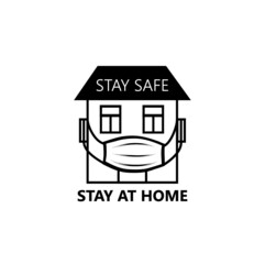Quarantine sign. Virus epidemic safety design illustration. Creative symbol with house, wearing medical mask and lettering "Stay home", "Stay safe" over white background.