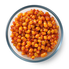 Frozen sea buckthorn berries in a glass plate on a white background. Isolated frozen berries. Top view