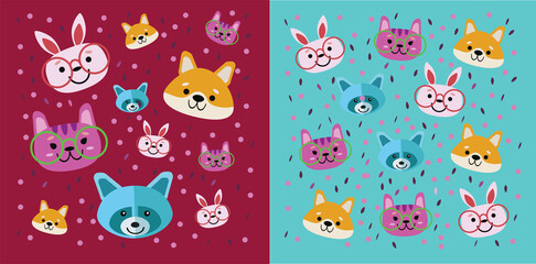 Vector  pattern with funny animals and red background