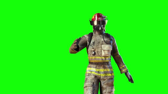 brave fireman in fire 3d render on green background