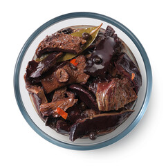 Pickled mushrooms black breasts in a glass plate on a white background. Isolated pickled mushrooms. Top view.