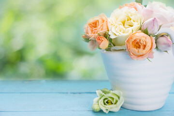 Garden  roses on wooden board .Template for design,greeting cards