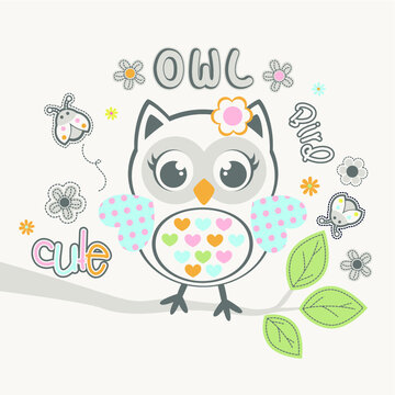 cute owl with beautiful flower vector illustration