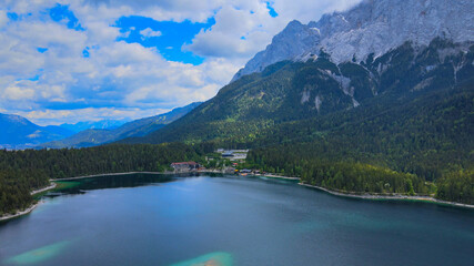 Wonderful Eibsee in Bavaria at the German Alps from above - aerial view