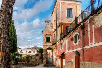 Fototapeta na wymiar Ancient Red building in the historic center of Ravello, Amalfi Coast, Campania, Naples, Italy