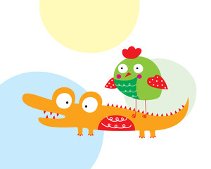 cute crocodile and bird cartoon vector