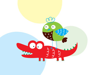 cute crocodile and bird cartoon vector