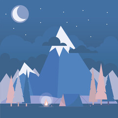 Fototapeta premium Illustration in flat style with tent, campfire, mountains and forest. Background for summer camp, nature tourism, camping or hiking design concept.