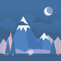 Fototapeta premium Illustration in flat style with tent, campfire, mountains and forest. Background for summer camp, nature tourism, camping or hiking design concept.