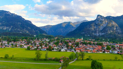Fototapeta na wymiar Aerial view over the city of Oberammergau in Bavaria Germany. High quality 4k drone footage