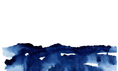 Abstract blue ink wash painting in modern style. Grunge texture. Abstract Silhouette of the mountains or lake. Aquamarine, ultramarine, Indigo.