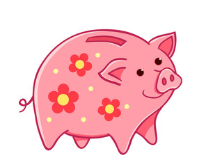 Cartoon pig moneybox with flowers