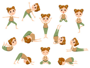 Yoga kids vector icons set of the nature color