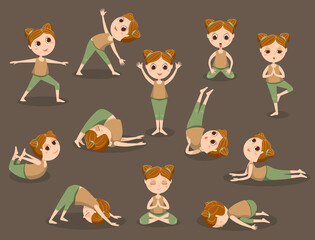 Yoga kids vector icons set of the nature color