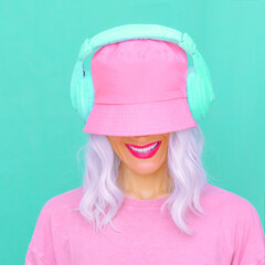 Smiling Dj Girl in stylish headphones and bucket hats. Minimal monochrome vanilla colours design...