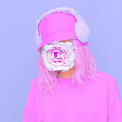 Flowers  Dj Girl in stylish headphones and bucket hats. Minimal monochrome purple colours design...