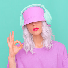 Fashion Dj Girl in stylish headphones and bucket hats. Minimal monochrome pastel colours design...