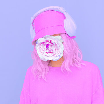 Flowers  Dj Girl in stylish headphones and bucket hats. Minimal monochrome purple colours design trends