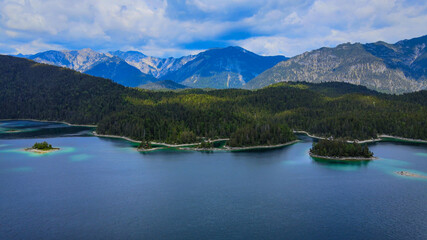 Wonderful Eibsee in Bavaria at the German Alps from above - aerial view