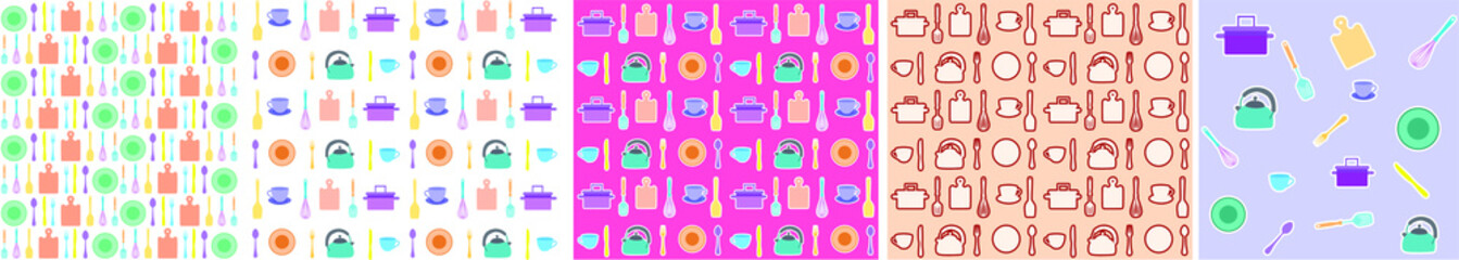 Fototapeta premium set of seamless patterns with kitchen tools