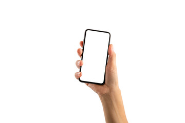 Closeup shot of a woman typing on mobile phone isolated on white background.. Girl's hand holding a modern smartphone and pointing with figer. Blank screen to put it on your own webpage or message.