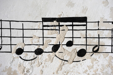 Drawn music notes on an old wall.