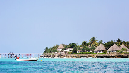 Ocean view of beautiful African-style houses in Zanzibar, Tanzania. A paradise.