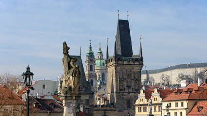Panoramic view toward Lesser Town towers of Charles Bridge, Prague.