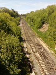 Railroad two branches view from an elevation. Green bushes, a mound of rubble, concrete poles.
