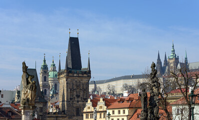 Fototapeta premium Panoramic view toward Lesser Town towers of Charles Bridge, Prague.