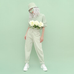 Fresh Mint urban style. Girl 90s aesthetic . Monochrome color trends. Aqua Menthe