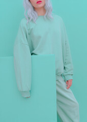 Girl in Fresh Mint Fashion Look. Minimal aesthetic monochrome design. Aqua menthe color trend