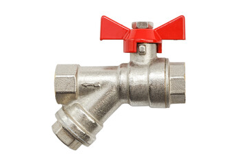 Closeup water valve with coarse filter and red arm isolated on white background
