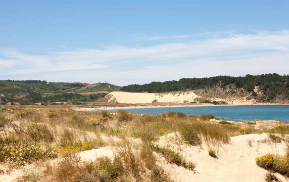 view towards the large sand dune located in Salir do Porto, on the Portuguese silver coast.  the sand dune is 49 meters high
