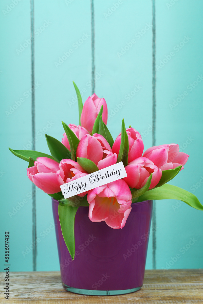 Wall mural Happy birthday card with pink tulips in purple flower pot
 - Wall murals
