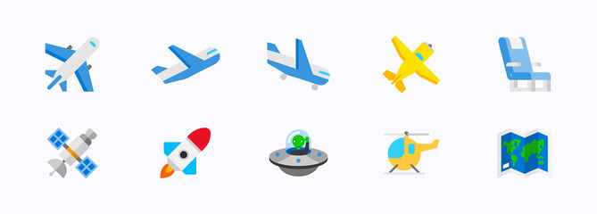 Air transport vector icons set. Air transportation. Isolated airplane, plane departure and arrival, propeller, helicopter, space saucer, rocket start up, satellite flat colored symbols collection