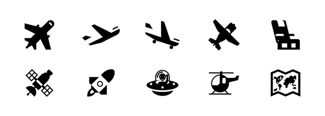 Air transport vector icons set. Air transportation. Isolated airplane, plane departure and arrival, propeller, helicopter, space saucer, rocket start up, satellite flat colored symbols collection