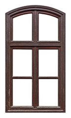 Old brown wooden window with arch and six pane on white background