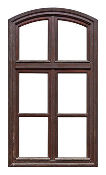 Fototapeta Old brown wooden window with arch and six pane on white background