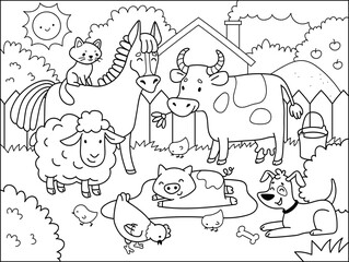 Farm animals.  Coloring book for children. Cartoon vector illustration.