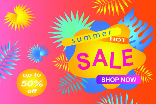 Hot summer sale banner, poster with discount for hot season banner with tropical leaves. Invitation for online shopping with 50 percent price off, special offer card,template for design