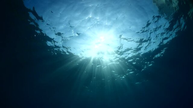 sun beam sun shine and sun rays underwater on the surface moving water blue and shiny 