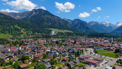 Aerial view over the city of Oberstdorf Bavaria Germany - capital of annual Ski Jump tournament
