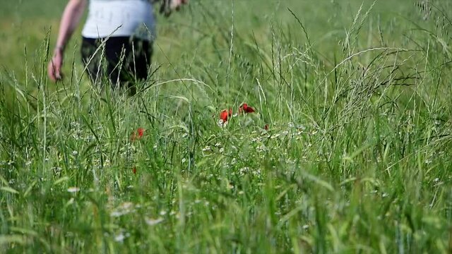 una donna incinta passeggia in un campo