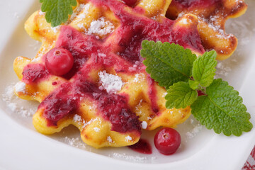 Delicious homemade belgian waffles with cranberry and lemon balm on a plate close-up