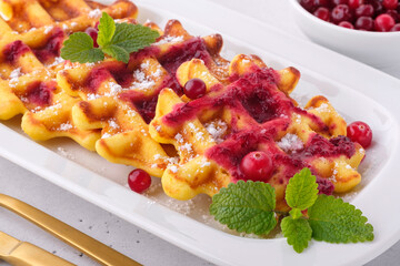Delicious homemade belgian waffles with cranberry on a plate close-up